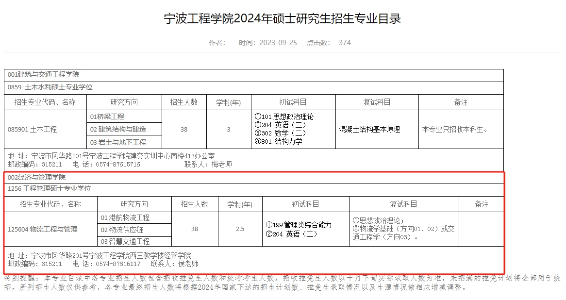 宁波工程学院2024年MEM物流工程与管理招生简章