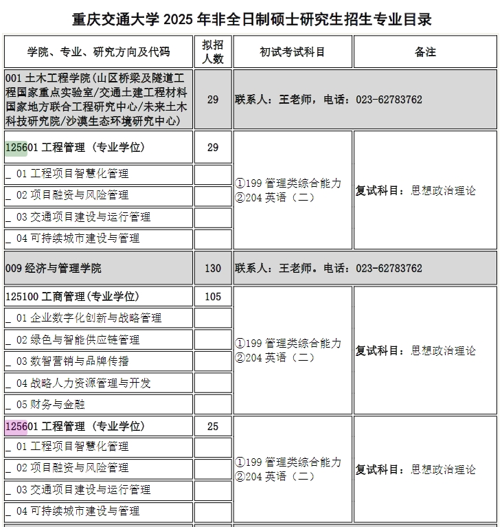 重庆交通大学2025年MEM（125601）招生简章